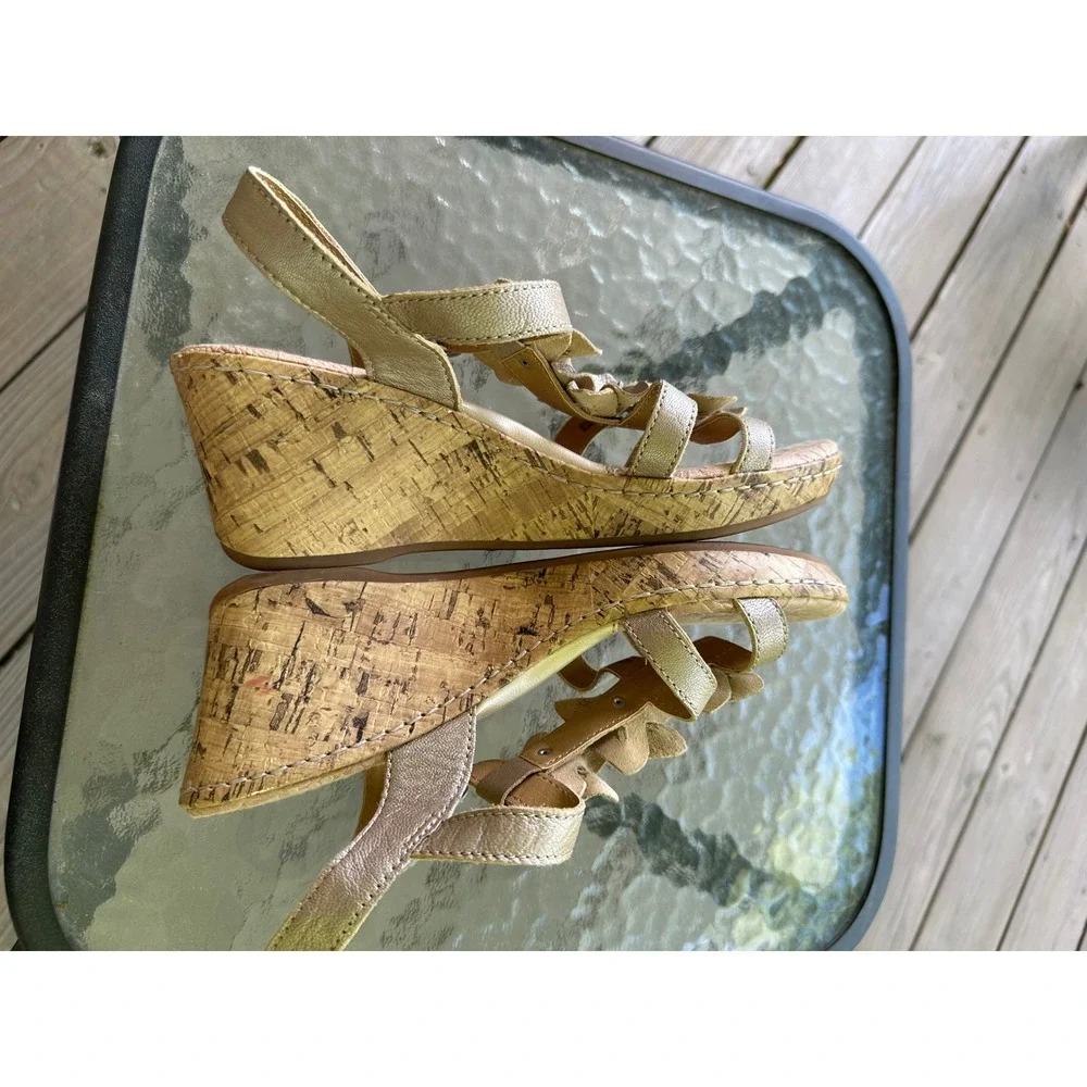 BOC Gold Flower Wedge‎ Sandals Ankle Strap Cork Heel Summer Shoes 8